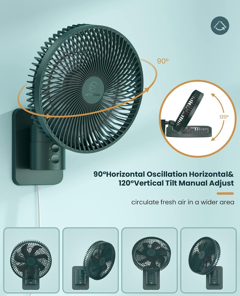 LEMOISTAR 8 Inch Small Wall Mounted Fan with Remote Control, 90° Oscillating, 4 Speeds High Velocity, Timer, Adjustable Tilt, 70 Inch Cord, Quiet, for RV Bedroom Home Office Garage-Green&Black - Image 2